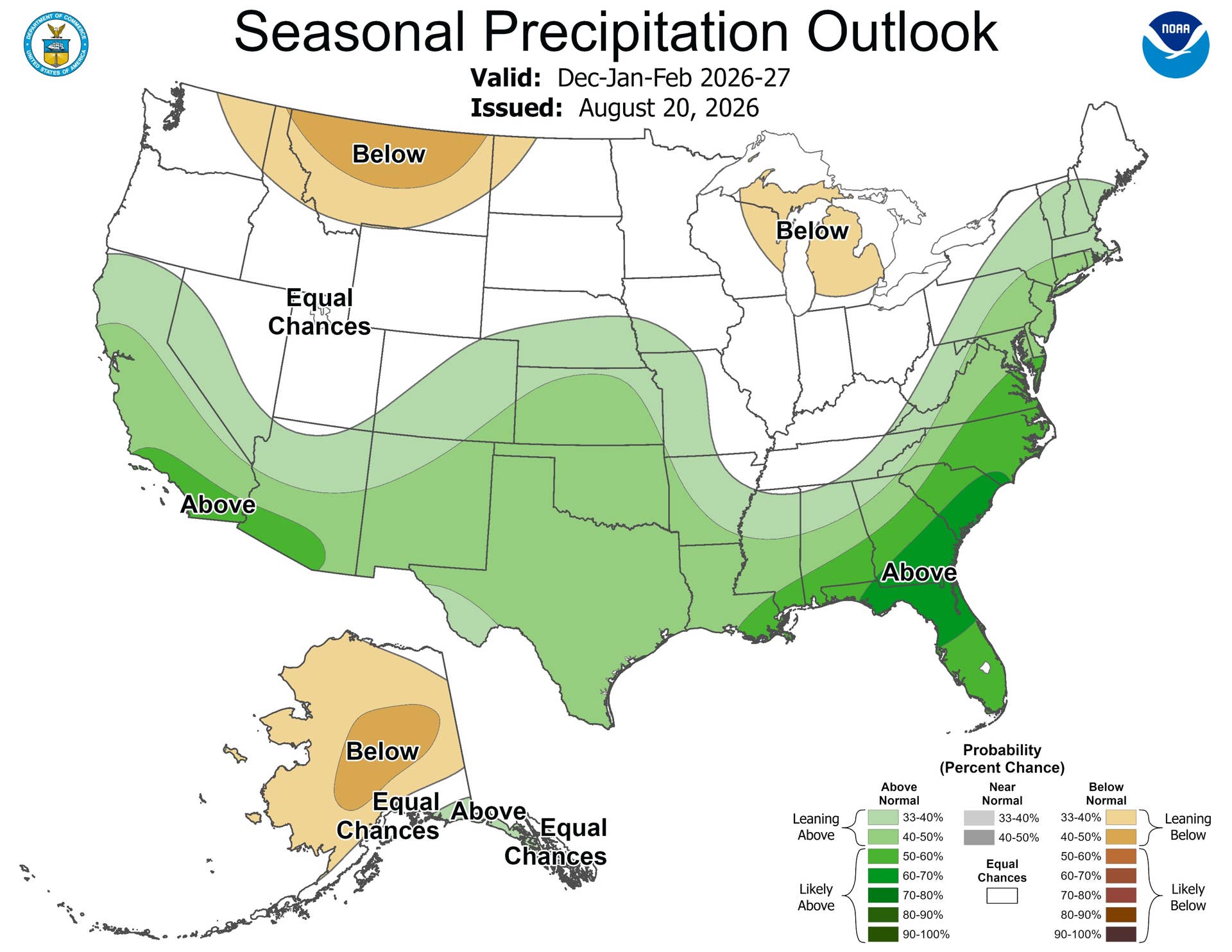 NOAA map showing US winter precipitation odds for December through February 2026-27, with above normal favored across the southern tier and up the East Coast and below normal in the Northern Rockies and around the Great Lakes