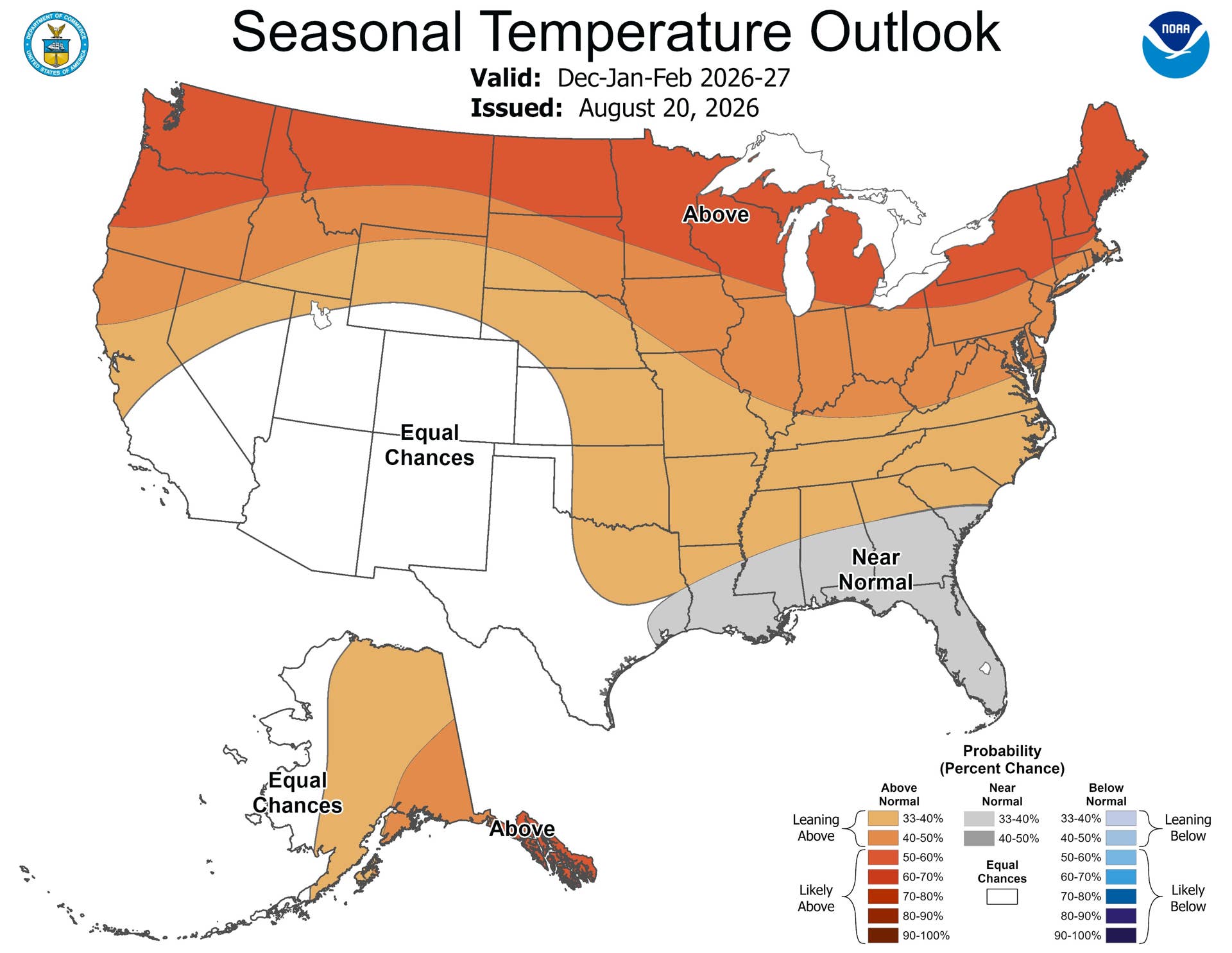NOAA map showing US winter temperature odds for December through February 2026-27, with warmer than normal favored across the northern tier, Equal Chances across the Southwest and near normal along the Gulf Coast