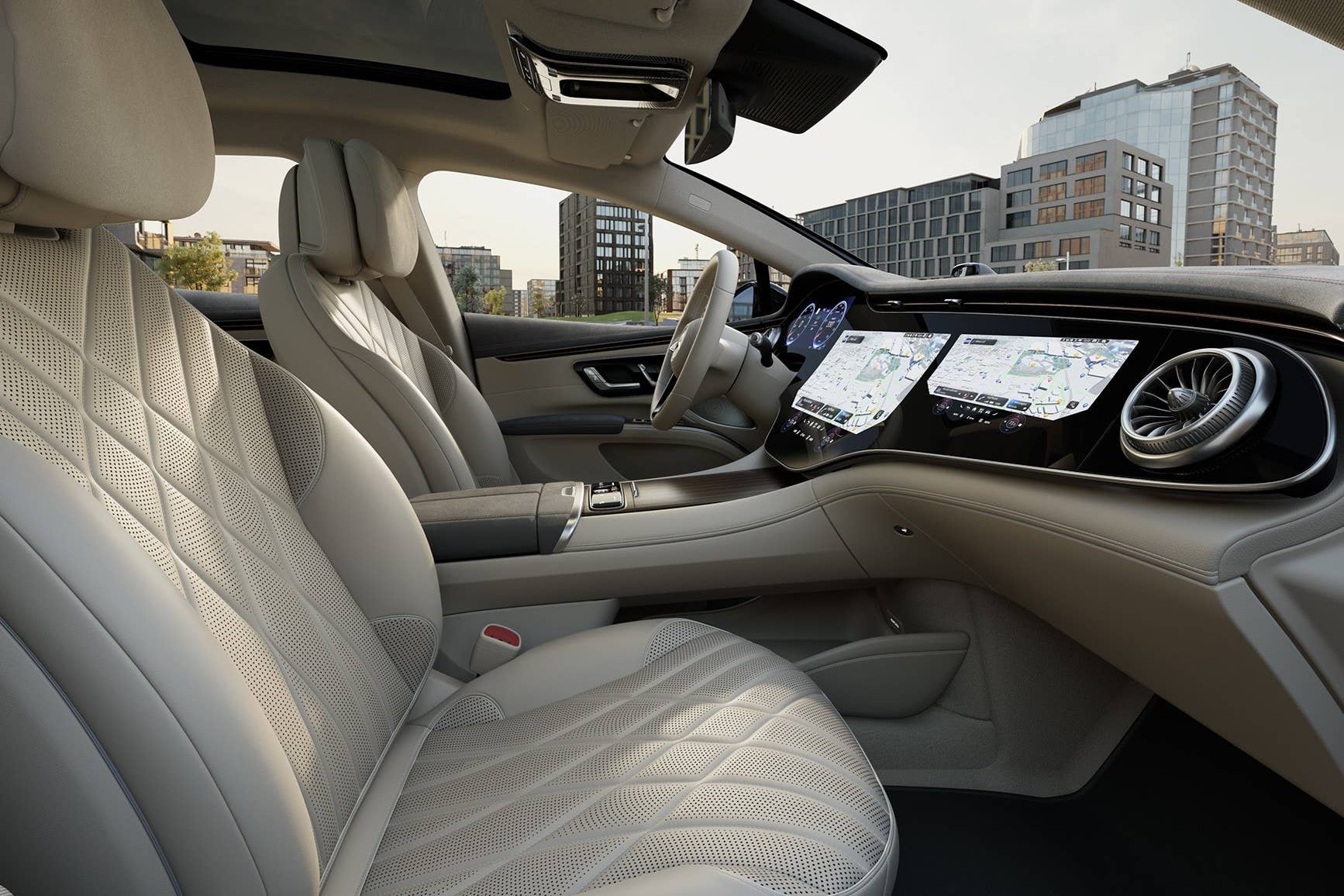 2027 Mercedes-Benz EQS Sedan beige interior front cabin side view