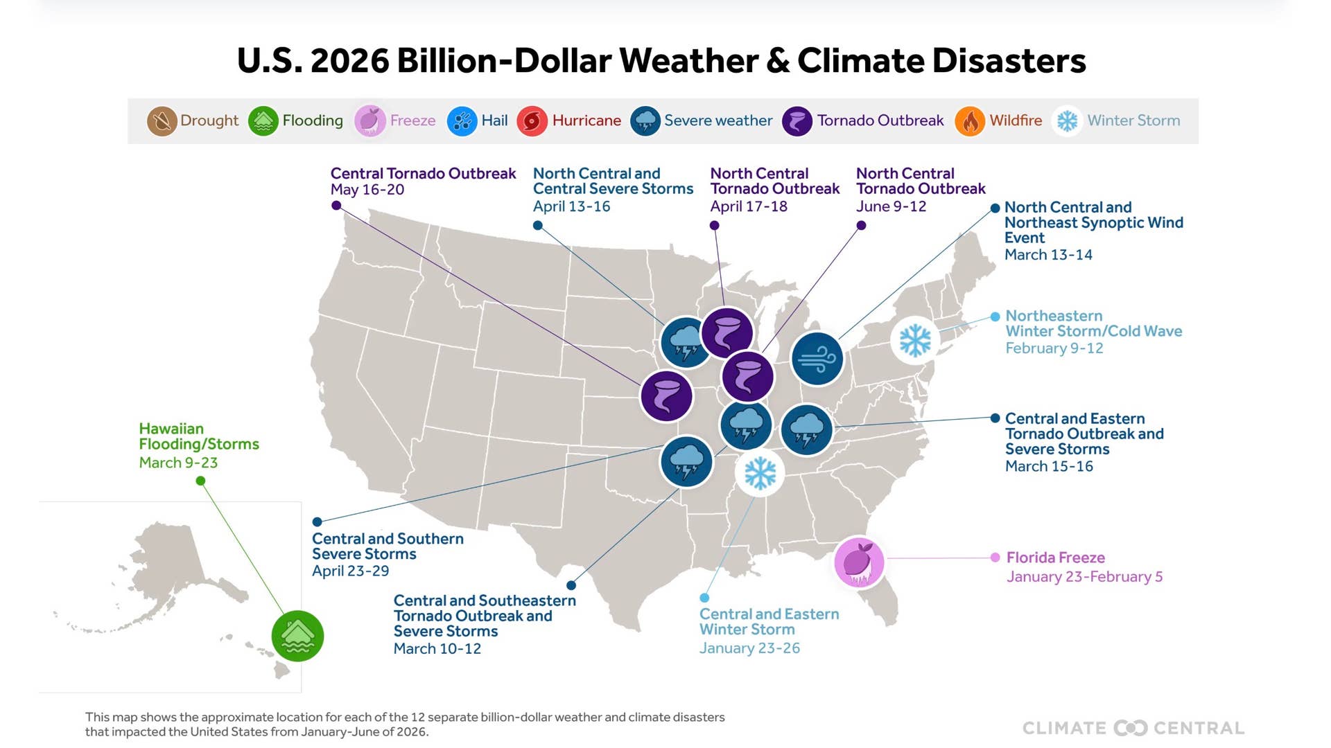 ap of the 12 US billion-dollar weather disasters from January to June 2026, with the January winter storm marked over the mid-South.