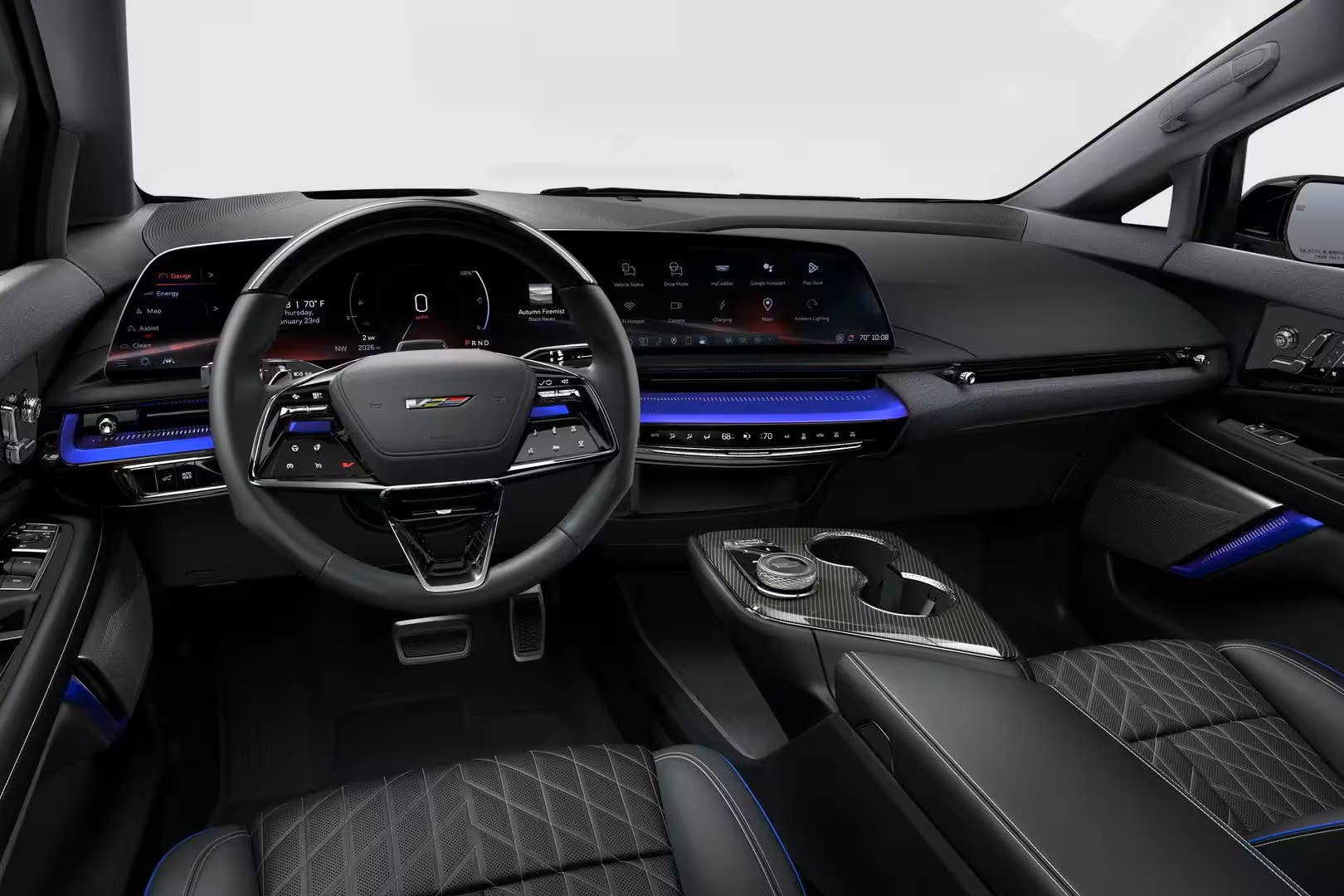 2027 Cadillac Optiq-V Deep Ocean Design Edition black and Santorini Blue interior front cabin