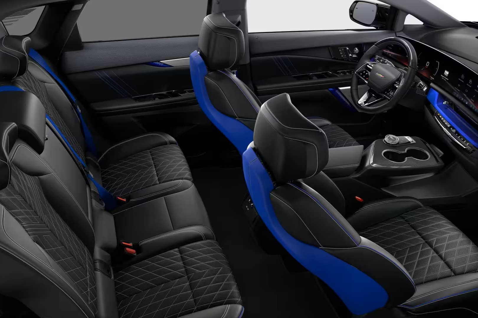 2027 Cadillac Optiq-V Deep Ocean Design Edition black and Santorini Blue interior overview