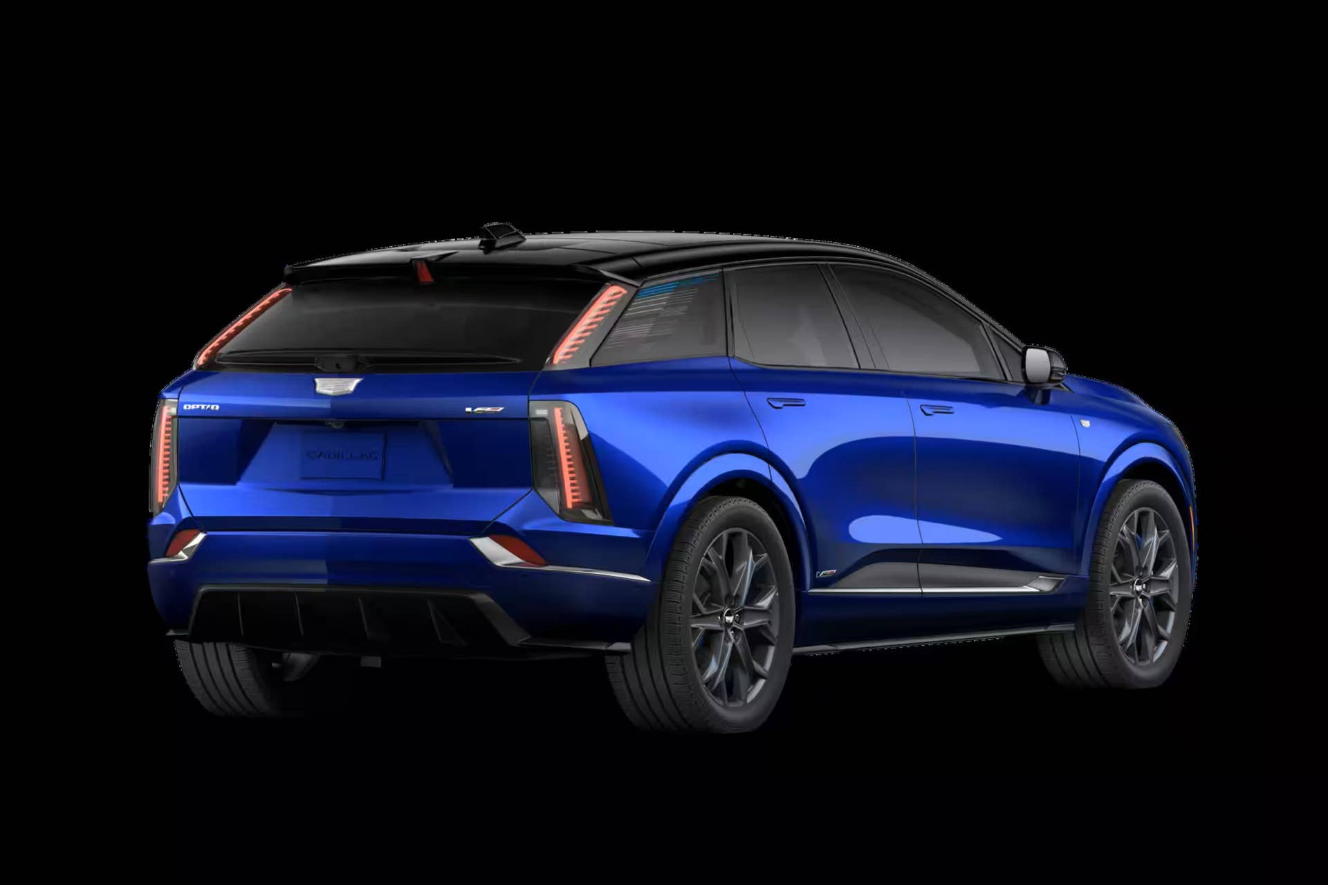 2027 Cadillac Optiq-V Deep Ocean Design Edition in Deep Ocean Tintcoat rear angled view