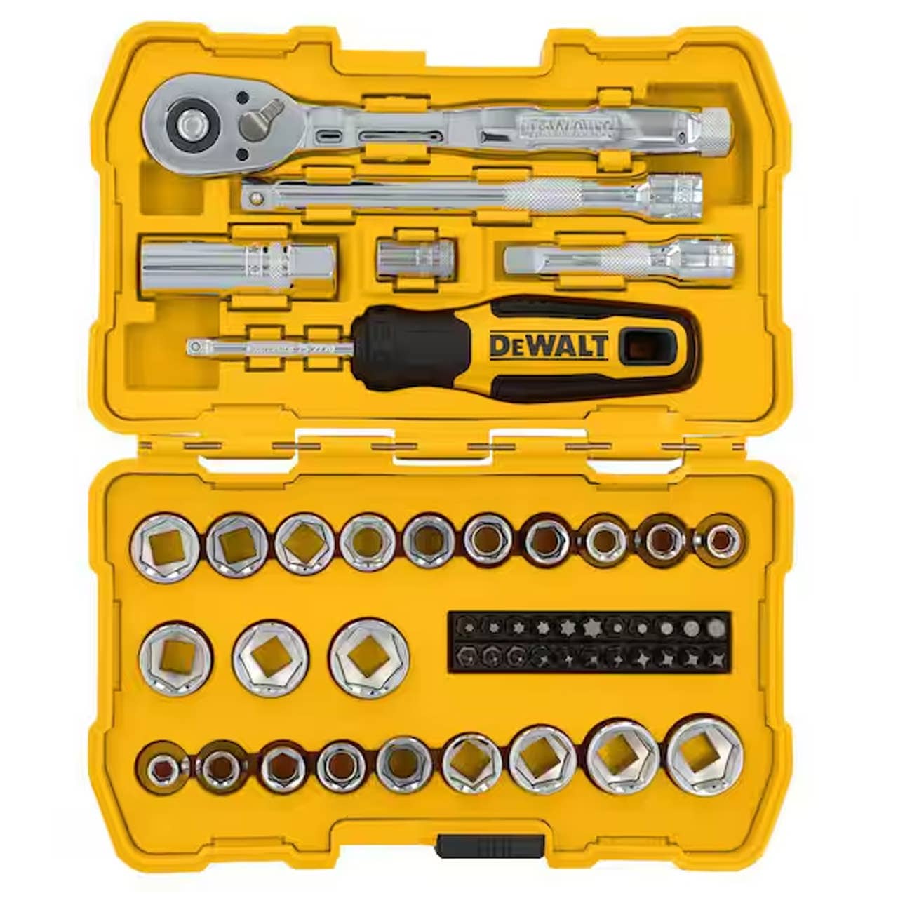 The DeWalt 50-Piece Mechanics Tool Set, pictured here, is now on sale at Home Depot.