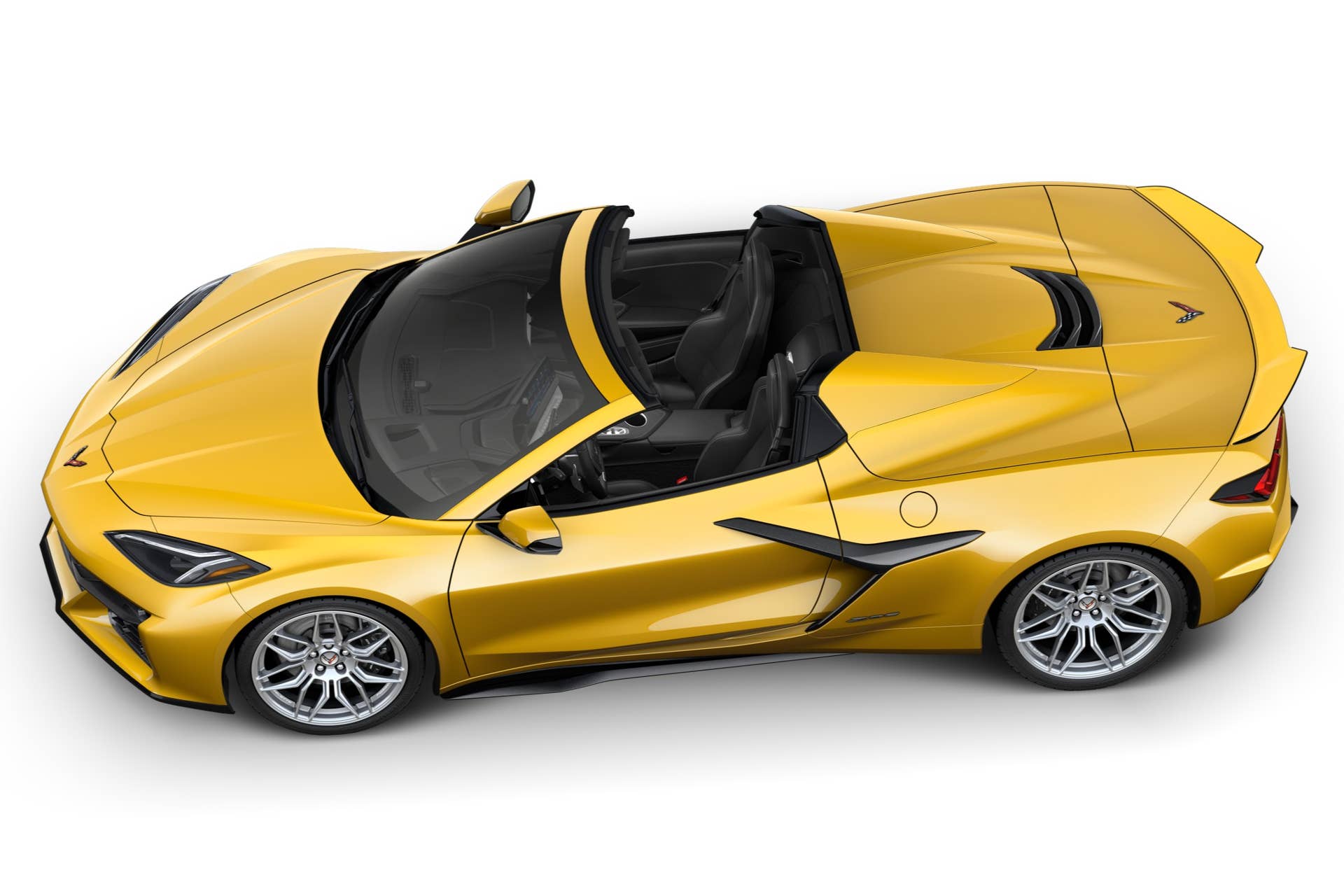 2026 Chevrolet Corvette Z06 Convertible 1LZ in Competition Yellow Tintcoat roof down overhead side view