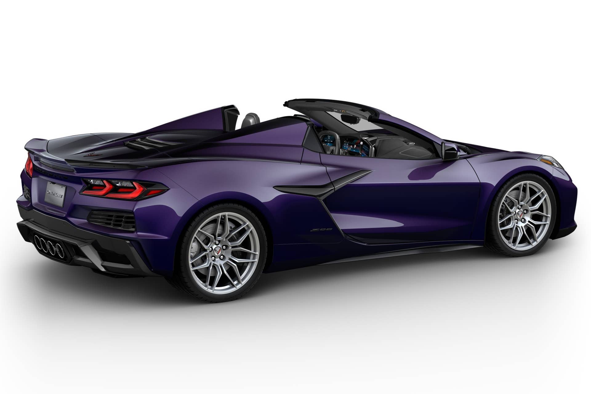 2026 Chevrolet Corvette Z06 Convertible 1LZ in Hysteria Purple roof down rear angled view