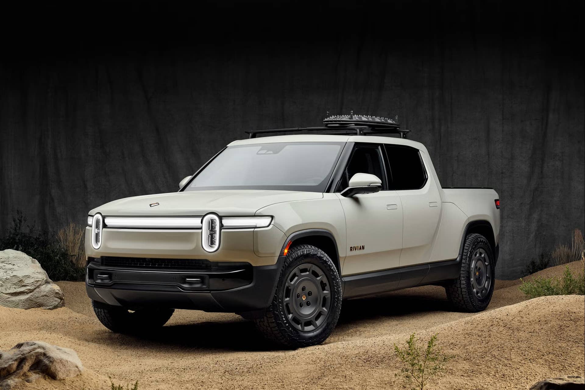 2025 Rivian R1T California Dune Edition in California Dune front angled view
