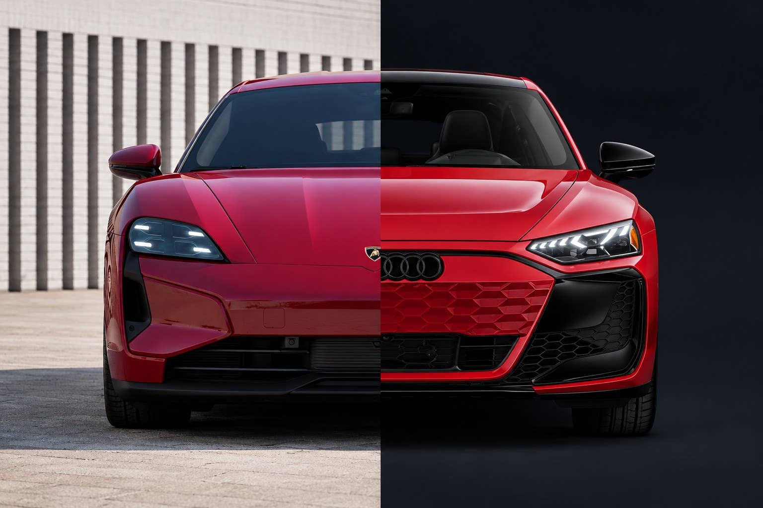 2027 Porsche Taycan Turbo in Carmine Red and Audi RS e-tron GT Performance in Progressive Red combined front view