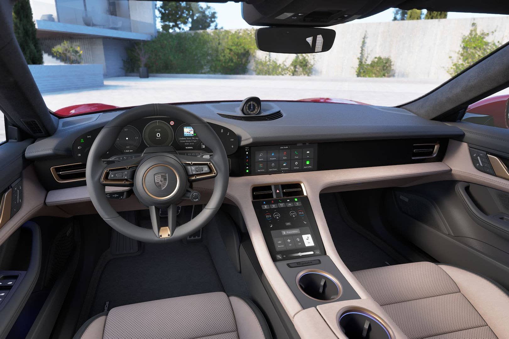 2027 Porsche Taycan Turbo interior in Basalt Black and Atacama Beige front cabin