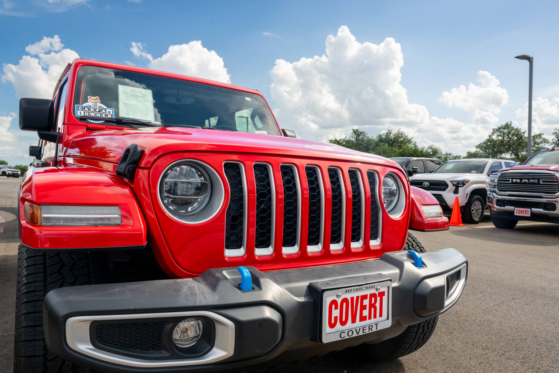 A Jeep Wrangler is displayed for sale at the Covert CDJR Bee Cave dealership on June 12, 2026 in Austin, Texas.  
