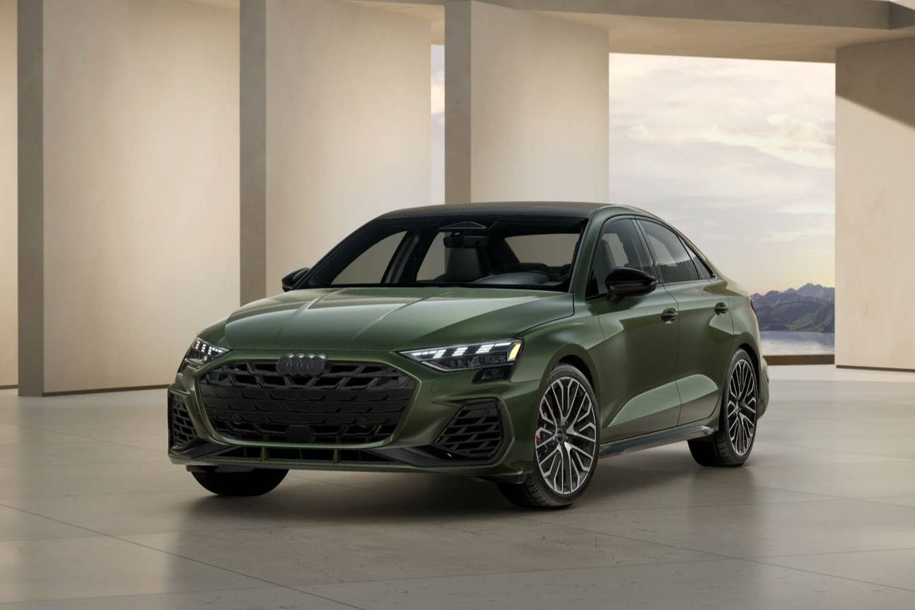 2026 Audi S3 in District Green with Black Optic package front angled view