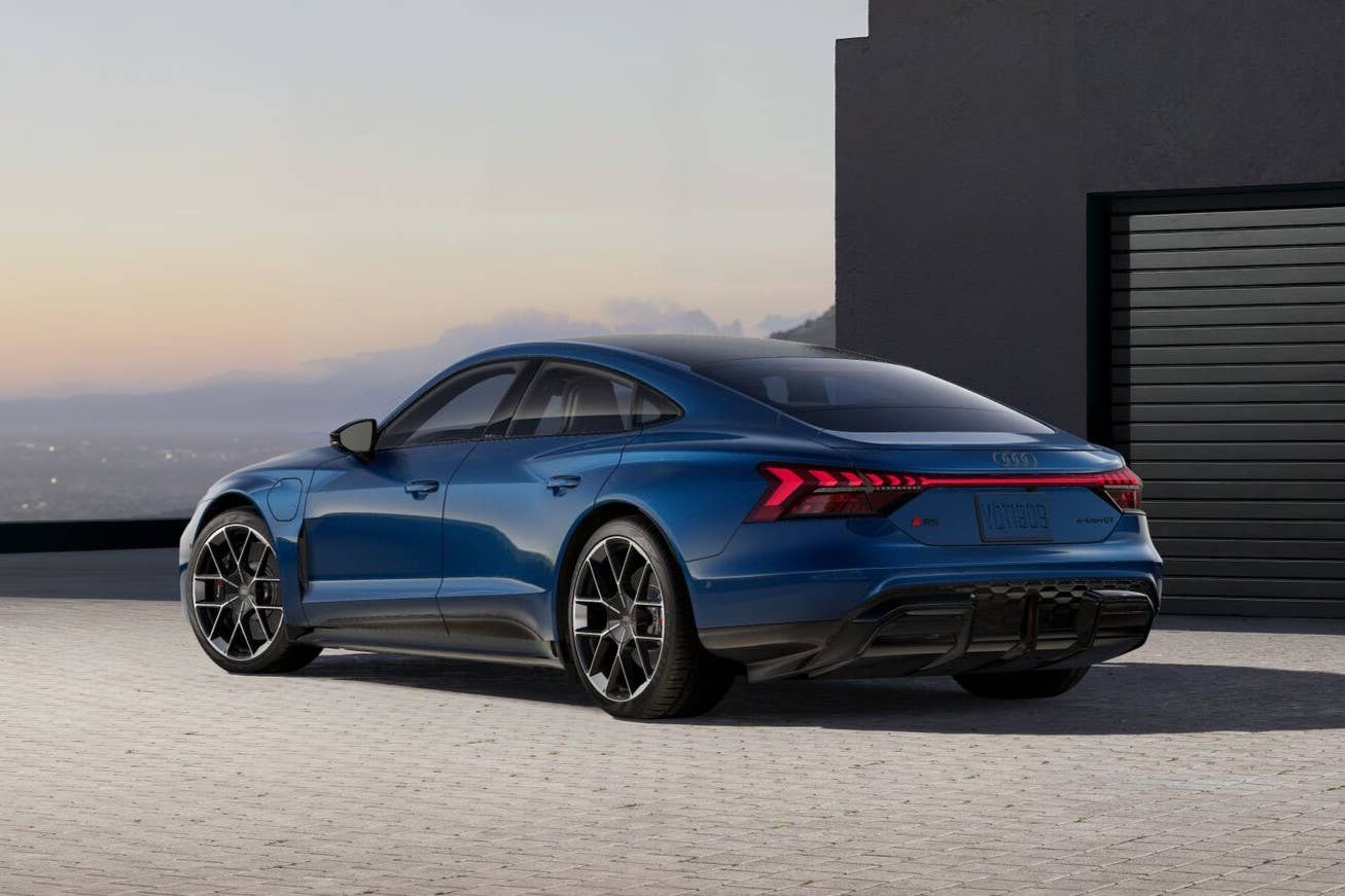 2027 Audi RS e-tron GT Performance in Ascari Blue rear angled view