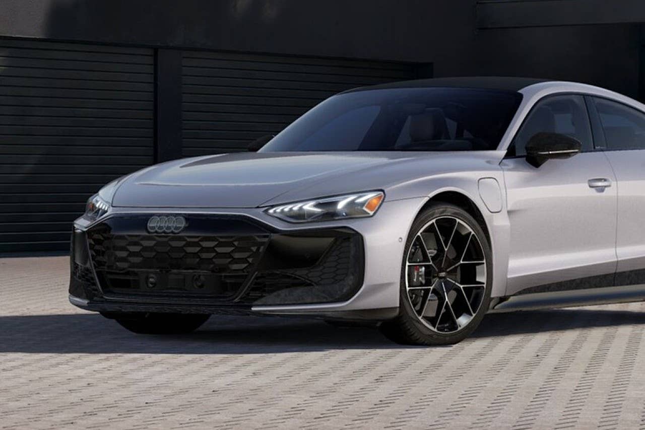 2027 Audi RS e-tron GT Performance in Florett Silver with Forged Carbon package front angled view
