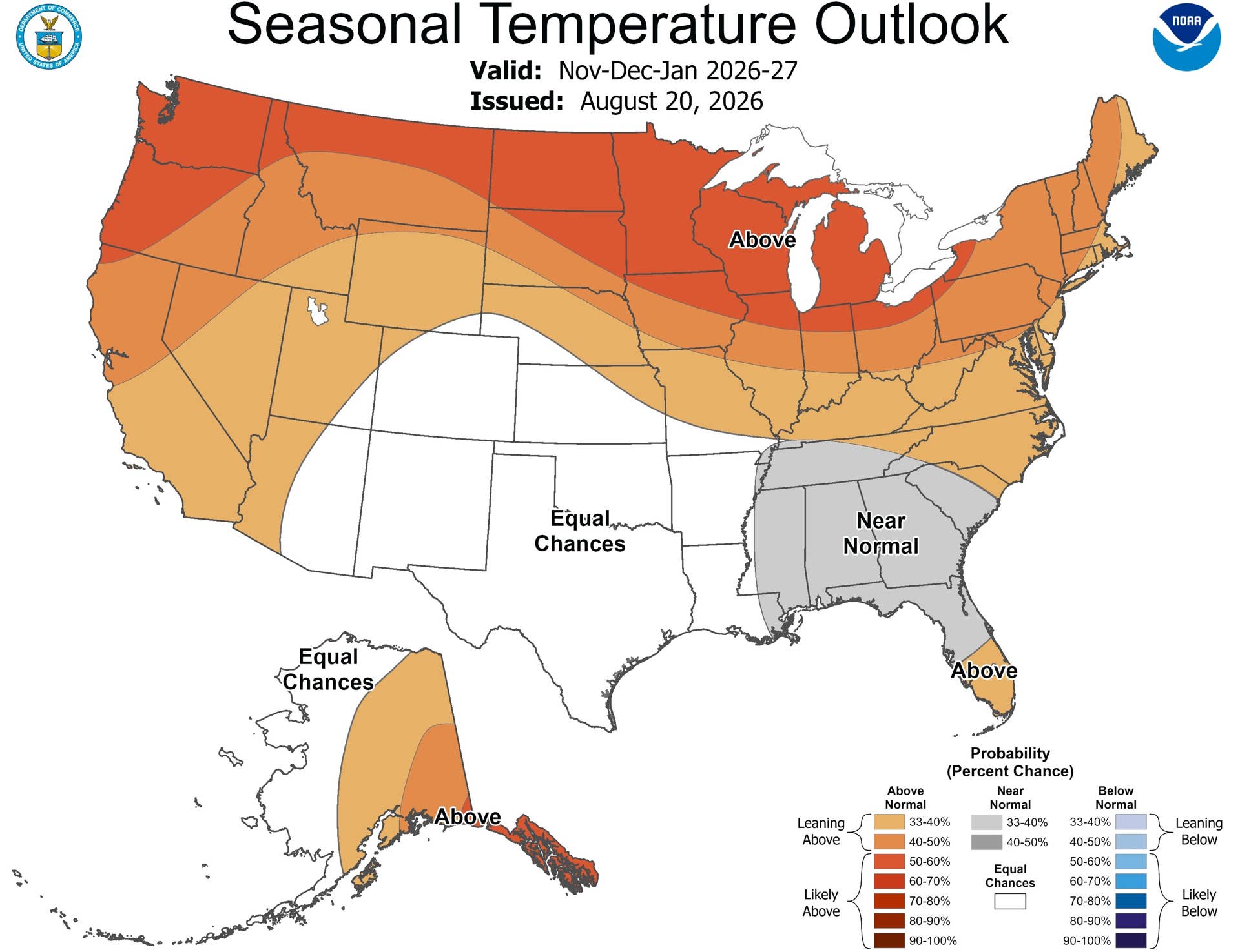 NOAA seasonal temperature outlook map for November through January 2026-27, shaded orange for above normal temperatures across the northern tier and the West, with the Southeast near normal.