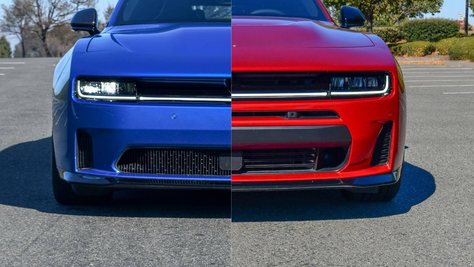 The front end of the 2026 Dodge Charger EV and the gas-only SIXPACK