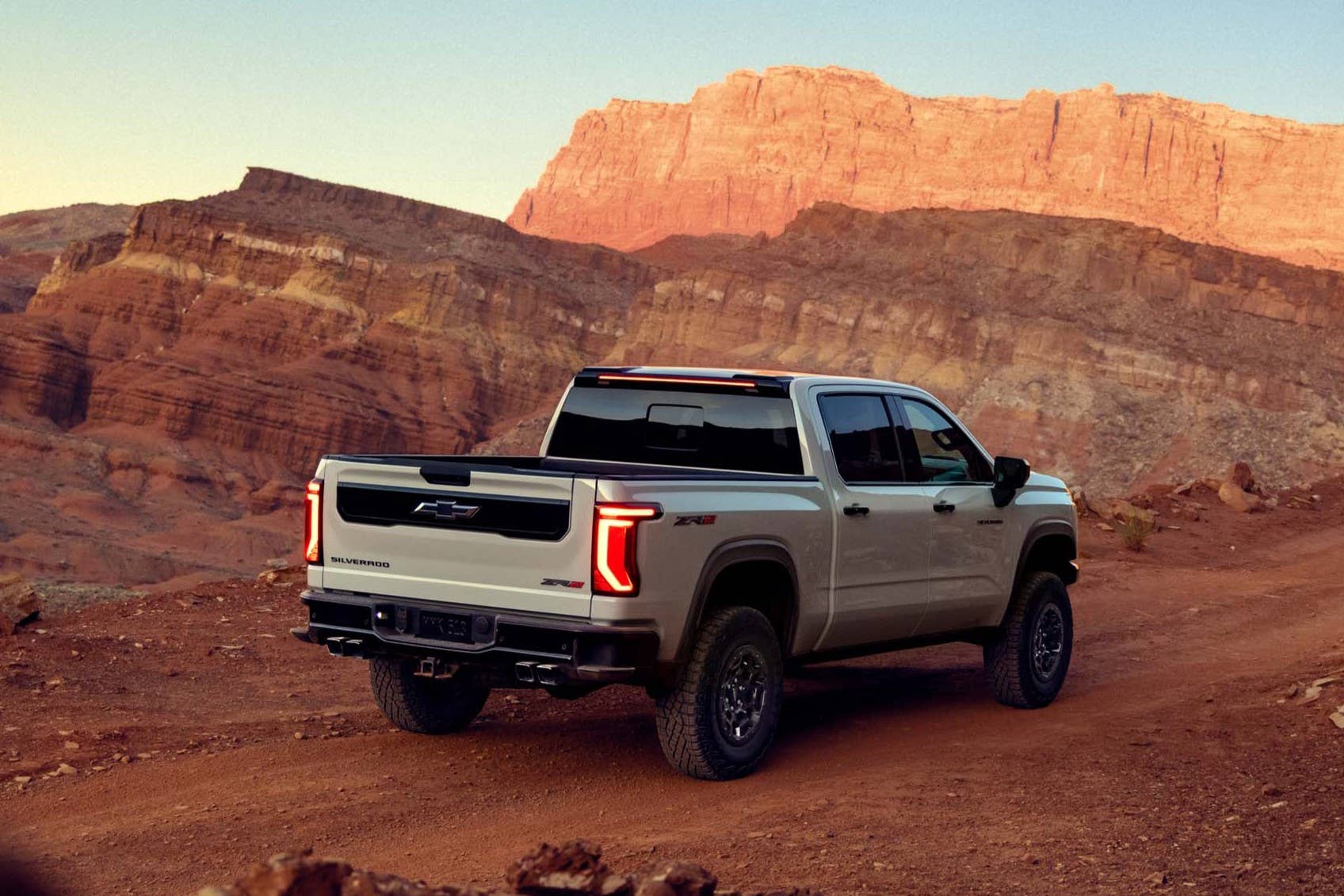2027 Chevrolet Silverado 1500 ZR2 in White Sands rear angled view