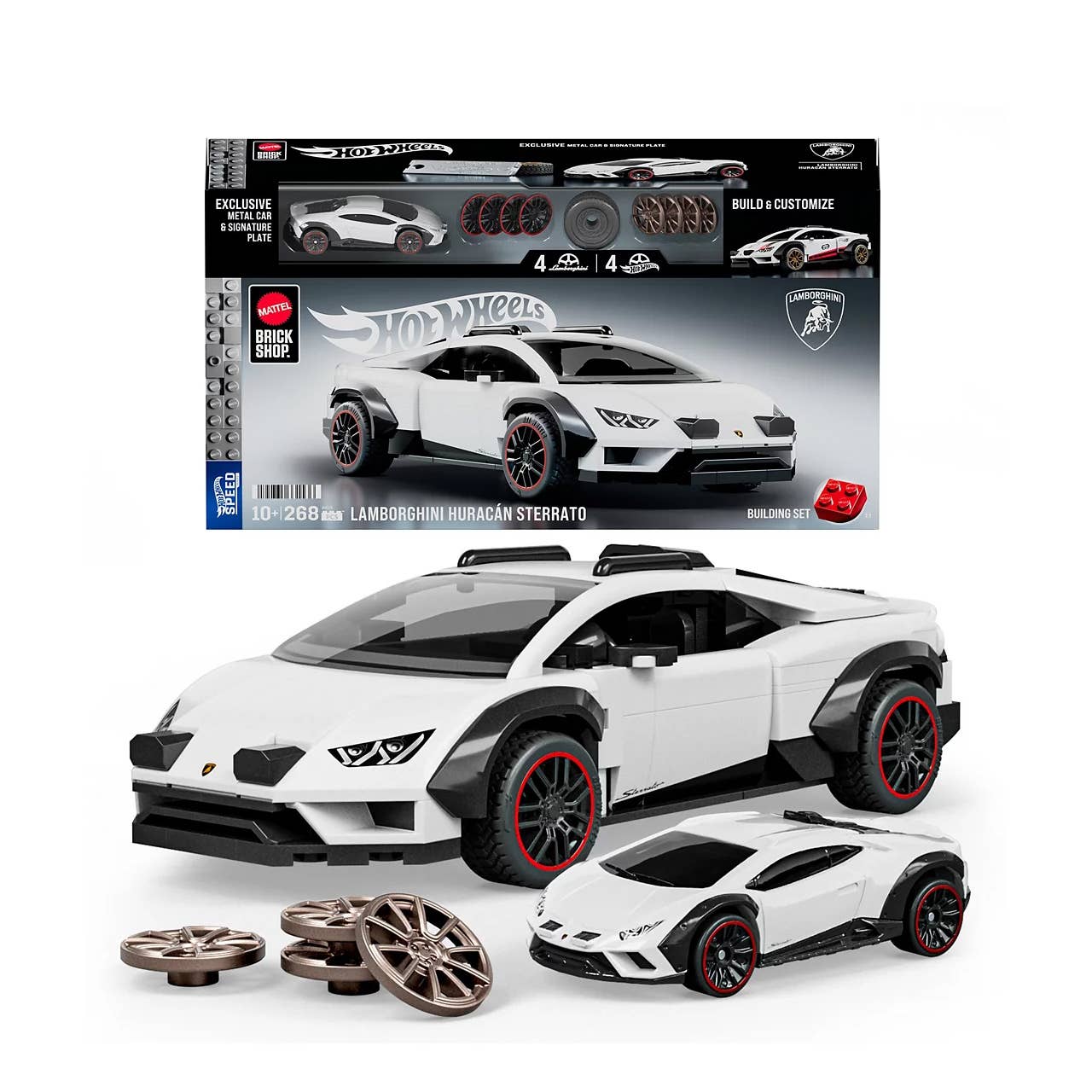 The Mattel Brick Shop's Hot Wheels Lamborghini Huracán Sterrato 268-Piece Building Set, pictured here, is now on sale at Macy's.