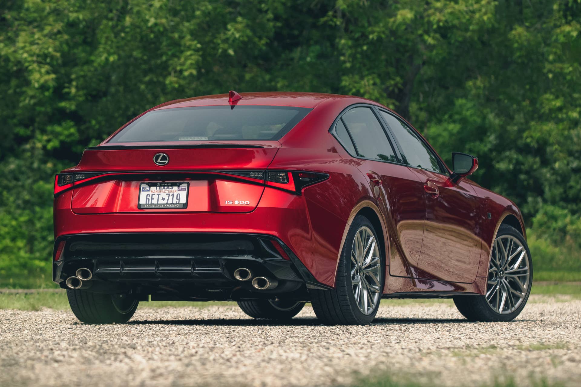 2022 Lexus IS500 F Sport Performance in red rear angled view