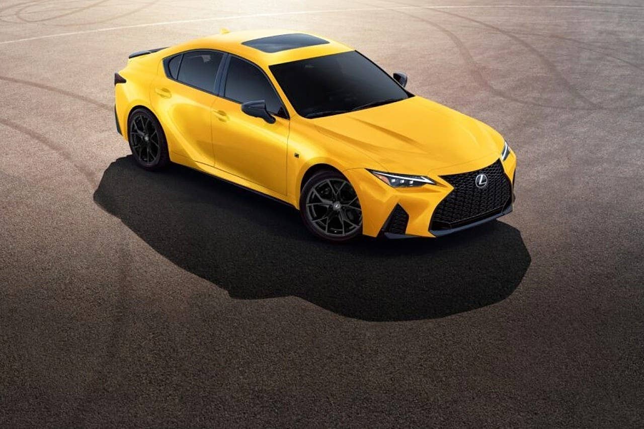 2025 Lexus IS 500 F Sport Performance in Flare Yellow with Special Appearance Package front angled view