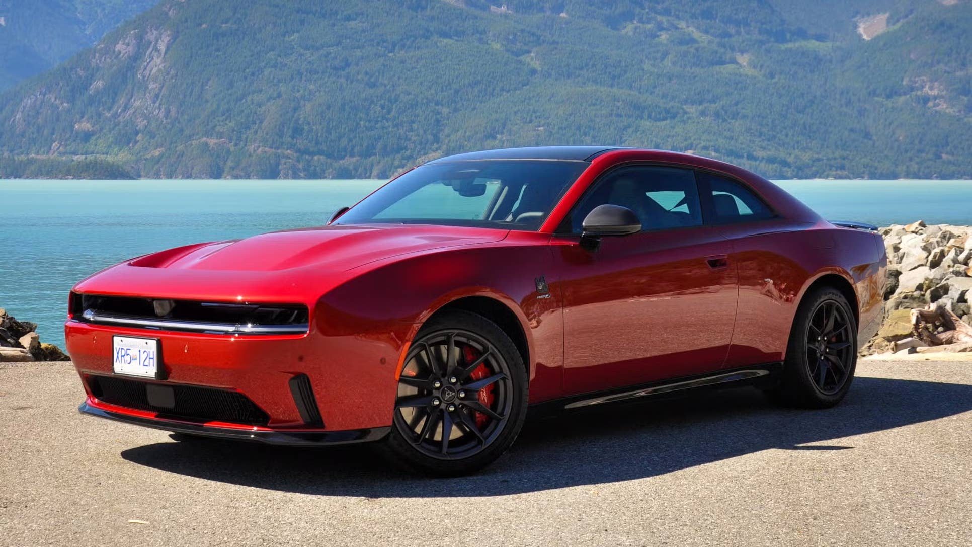 2024 Dodge Charger Daytona Scat Pack EV 2-door in red front angled view
