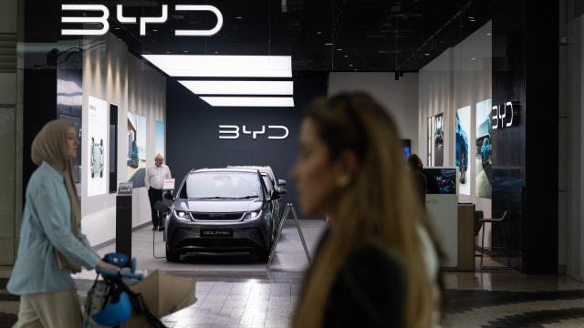 BYD Co. Dolphin electric vehicles (EV) inside BYD West London, LSH Auto's new store in Westfield London, in London, UK, on Friday, May 24, 2024. BYD overtook Tesla Inc. late last year as the biggest global EV maker. Photographer: Chris Ratcliffe/Bloomberg via Getty Images