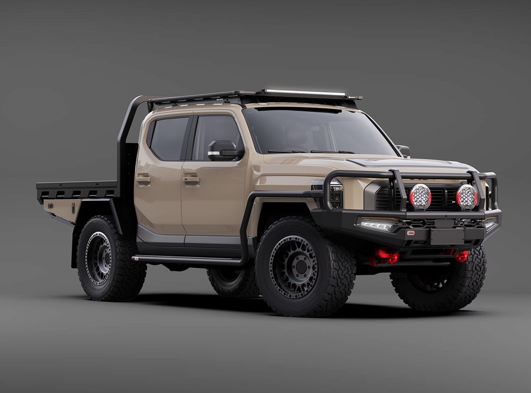 Kia Tasman with ARB 4x4 Accessories front quarter with flat bed and bull bar