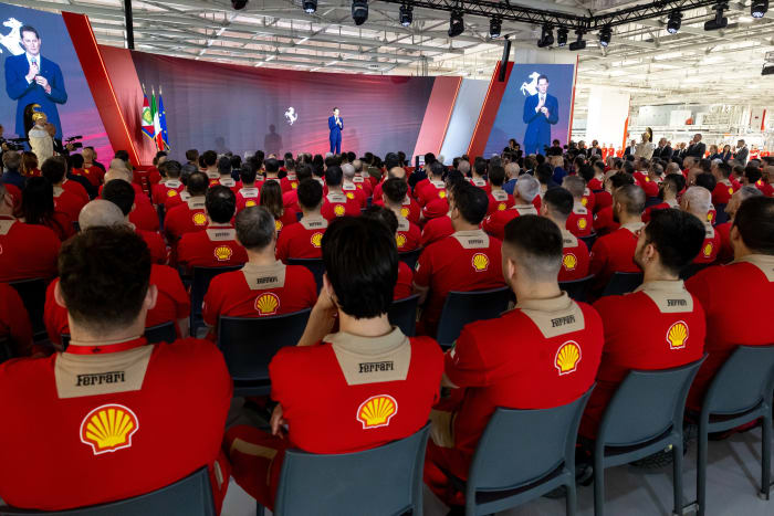 Ferrari chairman John Elkann addresses the company's work force during a recent meeting