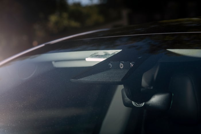 BERKELEY - JUN 30: 2021 Tesla Model Y, equipped with FSD system. Three front facing cameras under windshield near rear view mirror. (Mark Leong for The Washington Post via Getty Images)