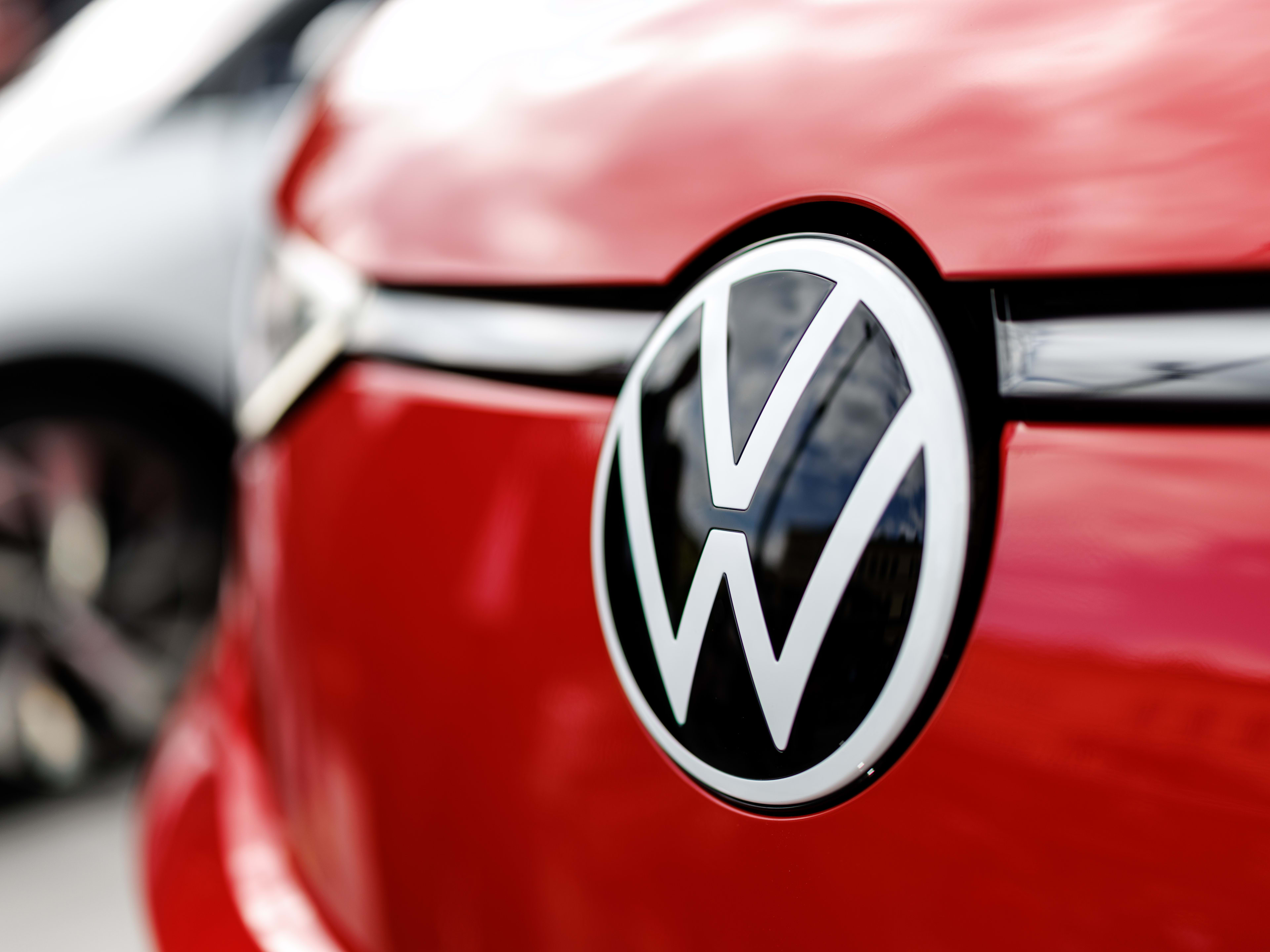 Volkswagen brand logo at the IAAA Mobility, International Motor Show in Munich, Germany