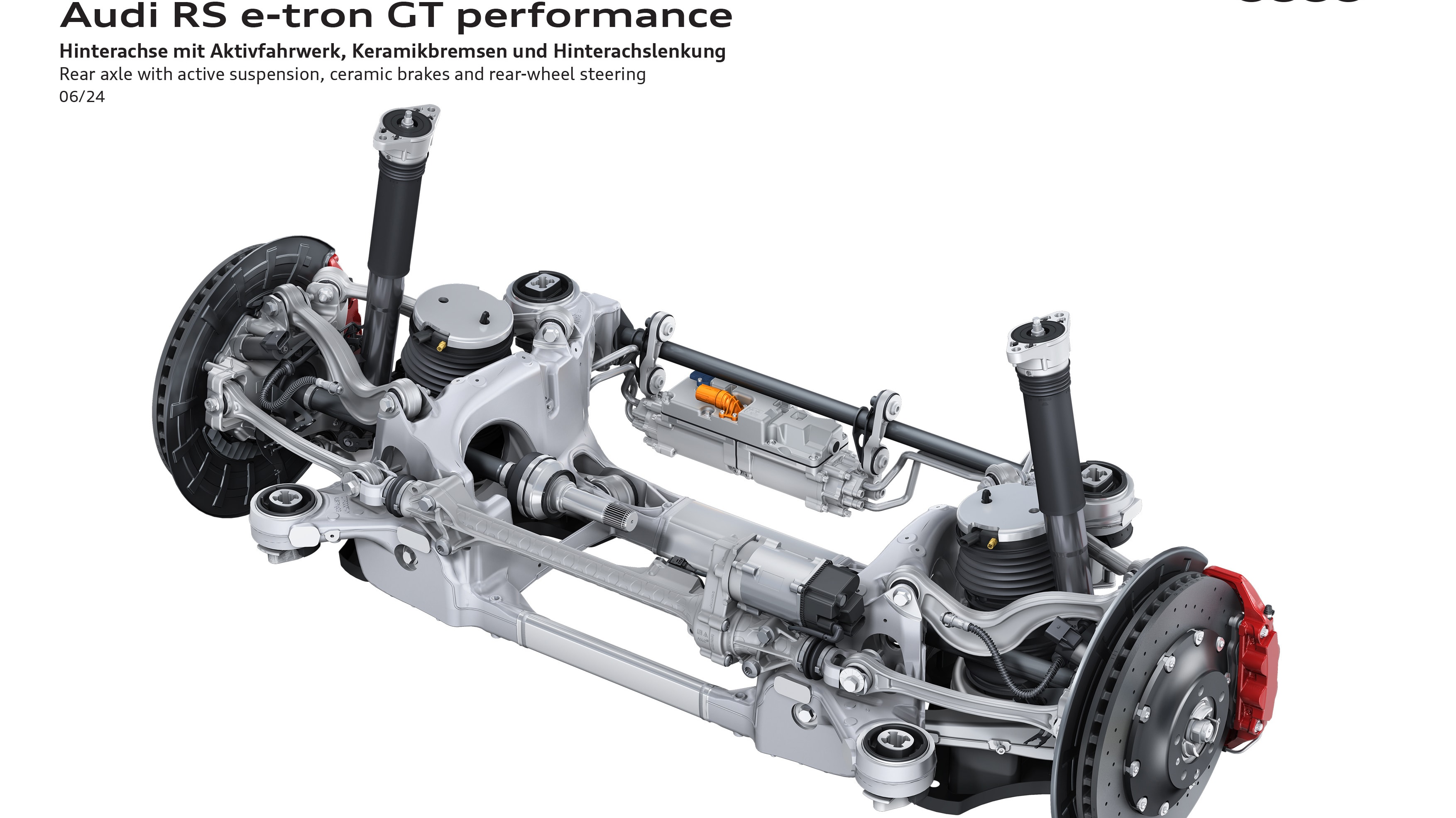 Rear axle with active suspension, ceramic brakes and rear-wheel steering