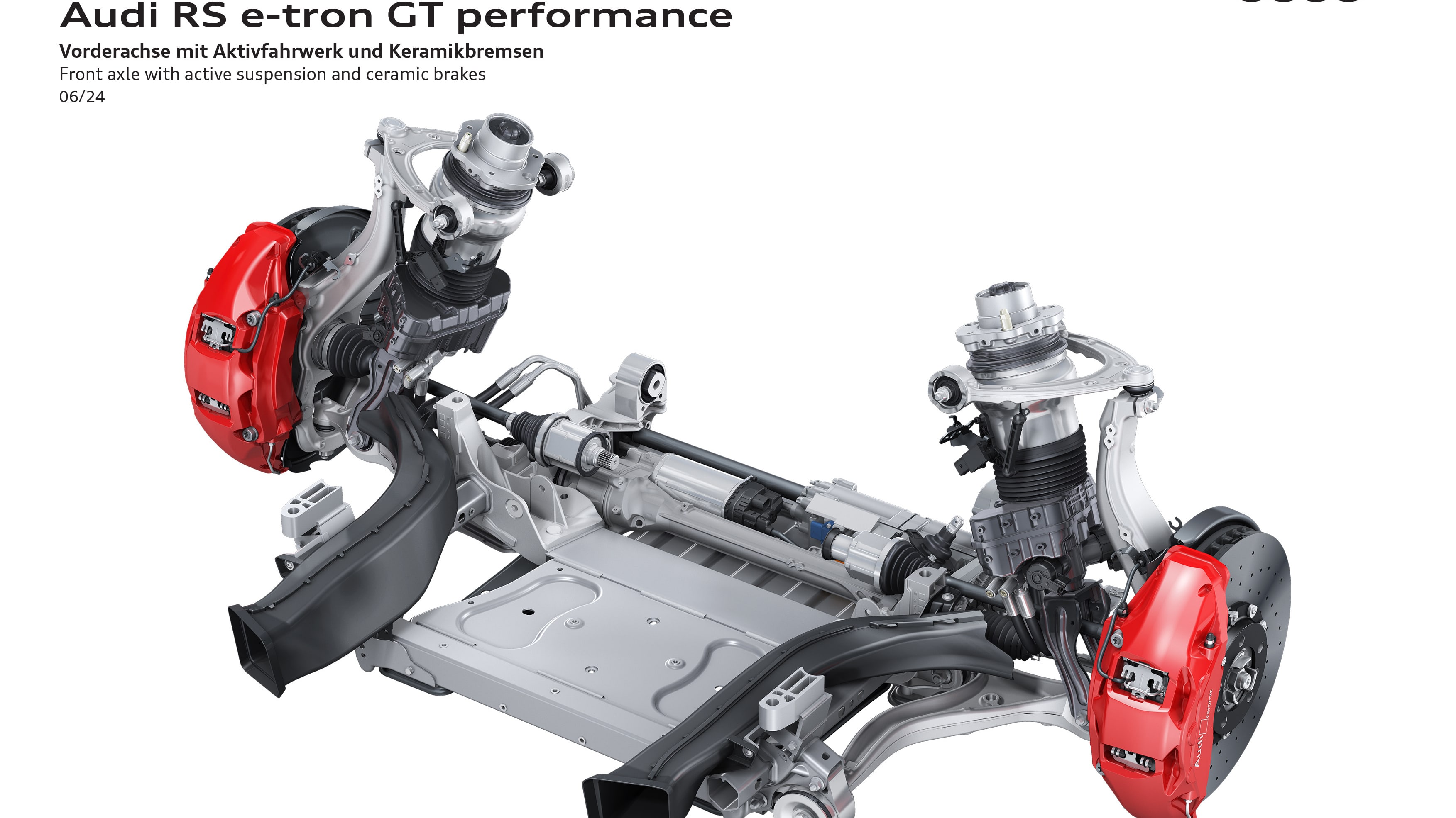 Front axle with active suspension and ceramic brakes