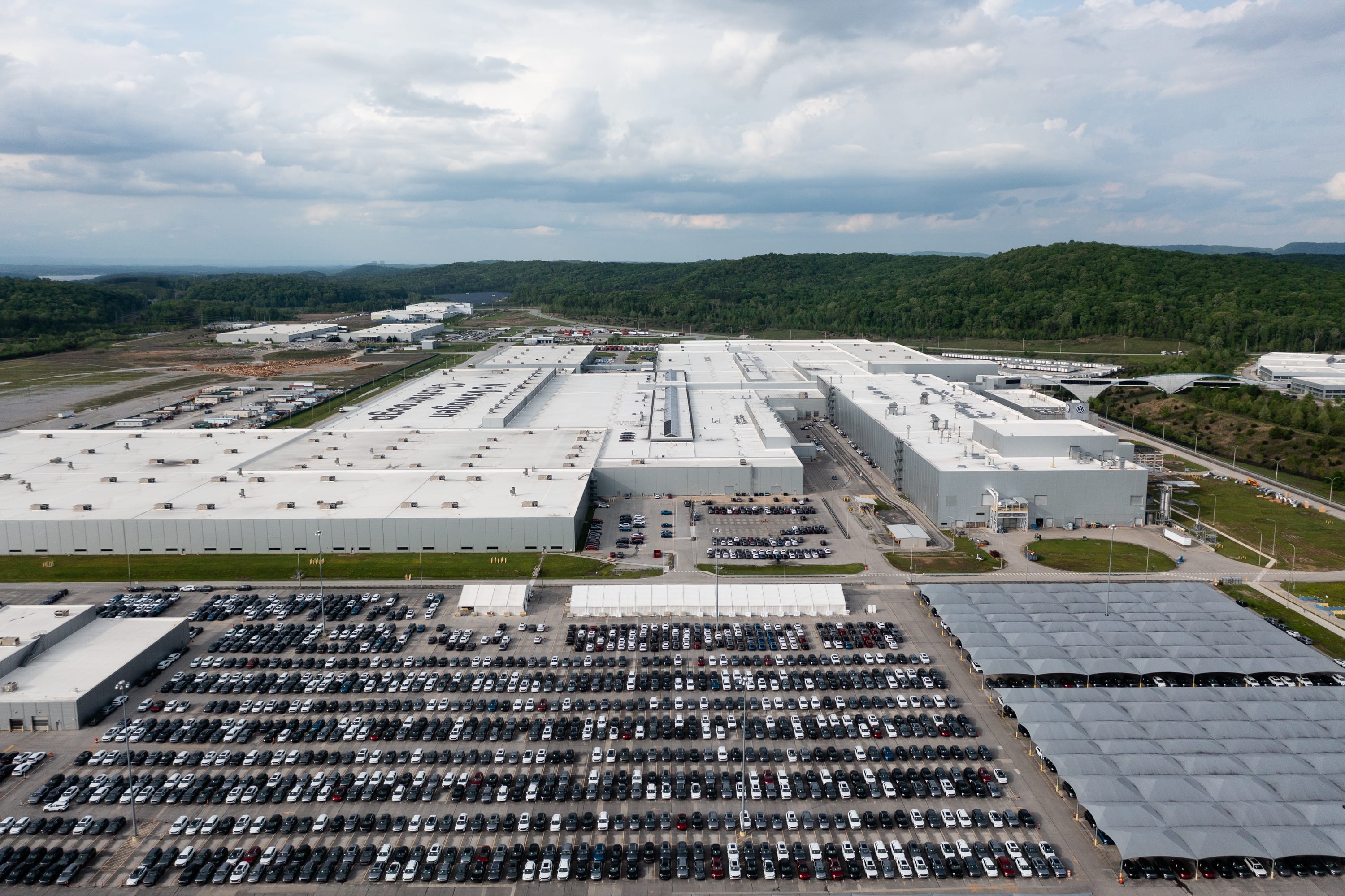 CHATTANOOGA, TENNESSEE - APRIL 19: In an aerial view, a Volkswagen assembly plant is seen on April 19, 2024 in Chattanooga, Tennessee. SInce Wednesday workers have been voting on whether to join the United Auto Workers (UAW) union. (Photo by Elijah Nouvelage/Getty Images)