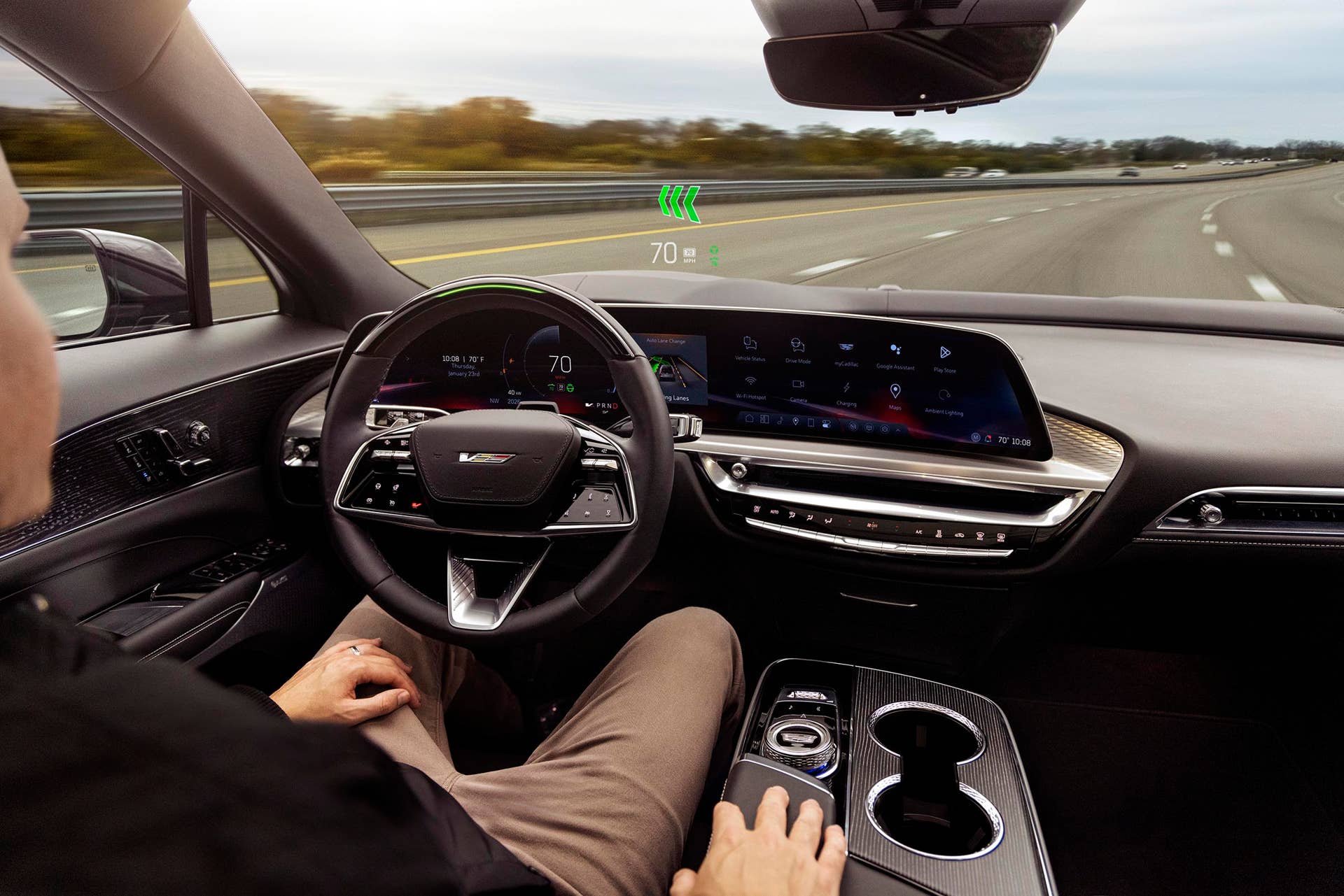Front-facing view of the 2026 Cadillac LYRIQ-V’s interior, featuring standard Super Cruise and a dual-plane augmented reality head up display.
