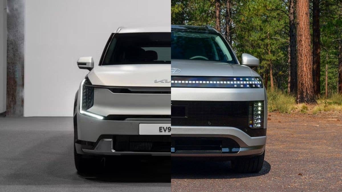 The front ends of the Hyundai IONIQ 9 and the Kia EV9