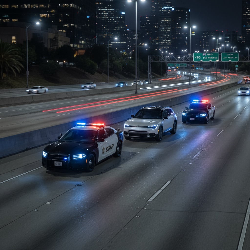 AI generated image of A Kia EV9 SUV between two police cars