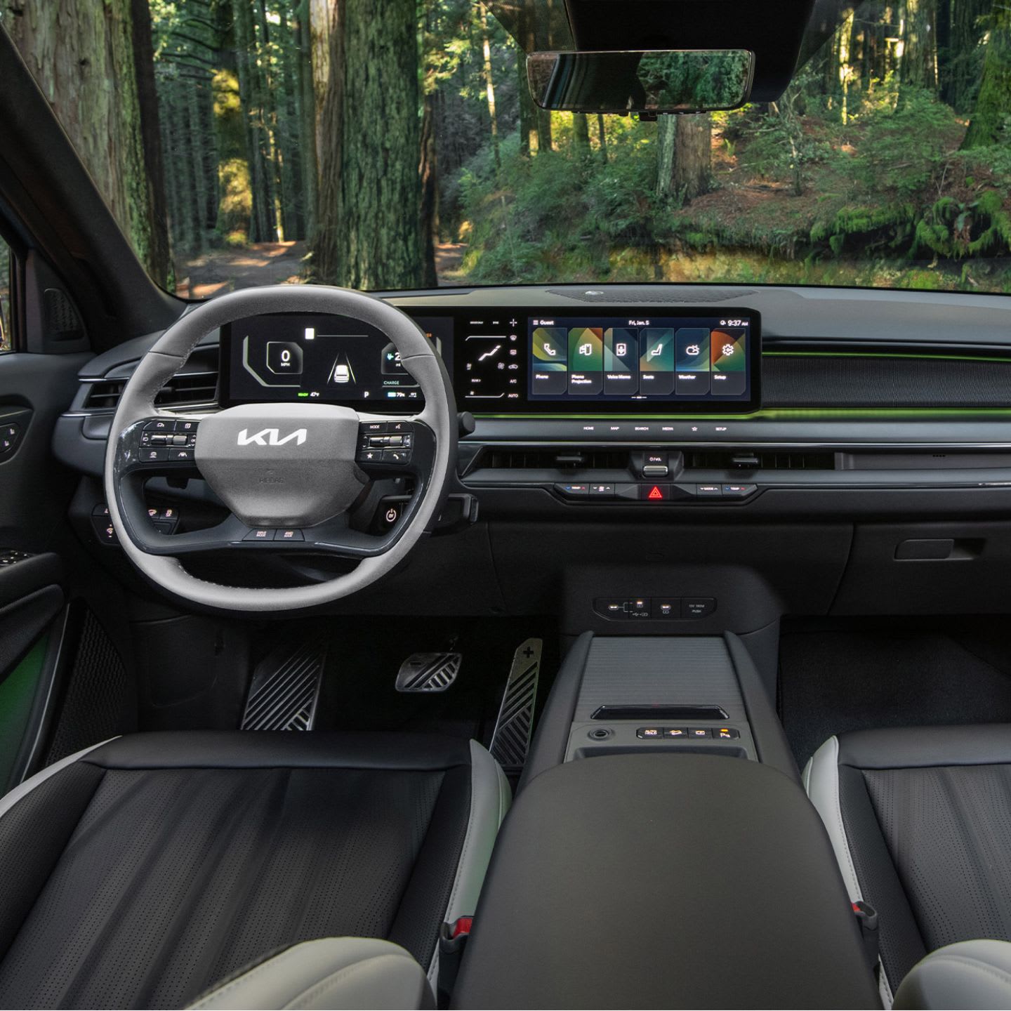 Interior, dashboard, display screens, and cockpit of the Kia EV9