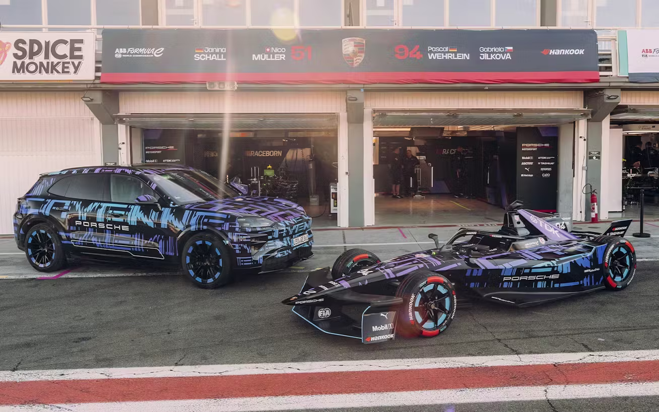 Porsche Cayenne Electric: First Electric Cayenne Is Coming This November with Formula E Tech 2 porsche cayenne electric and porsche 99x electric in racetrack pitlane 1 jpg