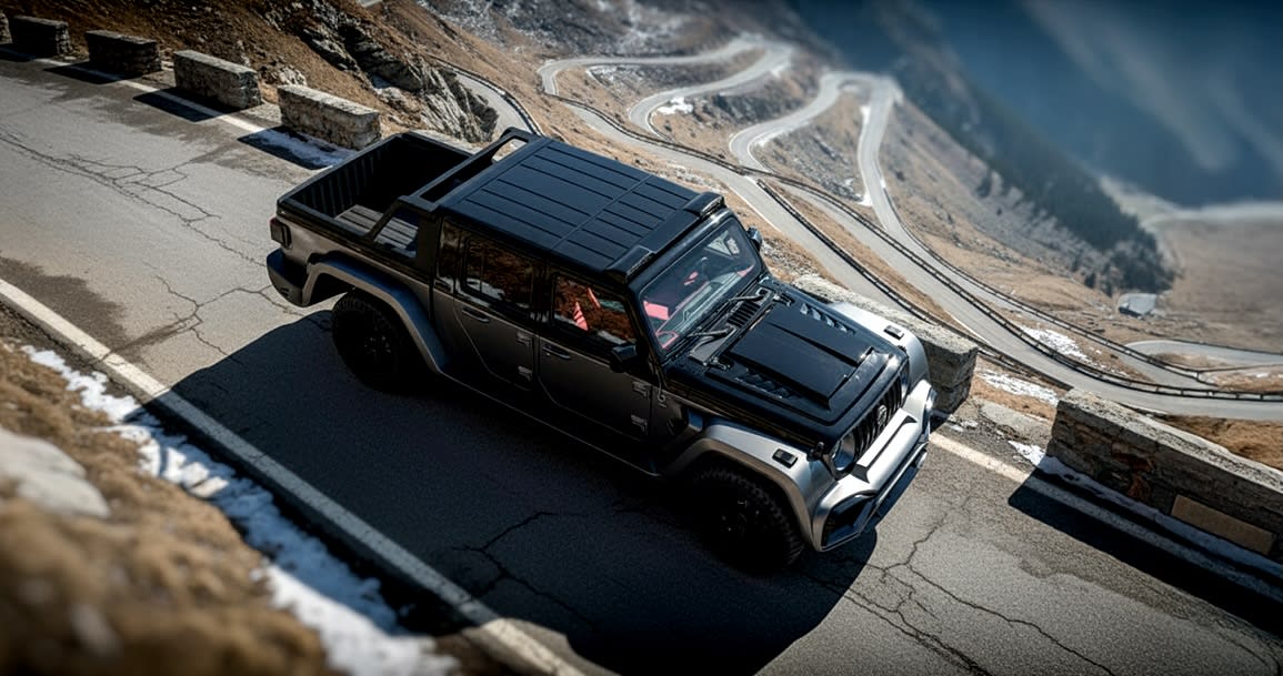 Stradale Modena Hellcat Jeep Specs: 788 HP V8 in a Wrangler Convertible 2 A shot of the Stradale Modena built Jeep Gladiator Extrema on a winding mountain road