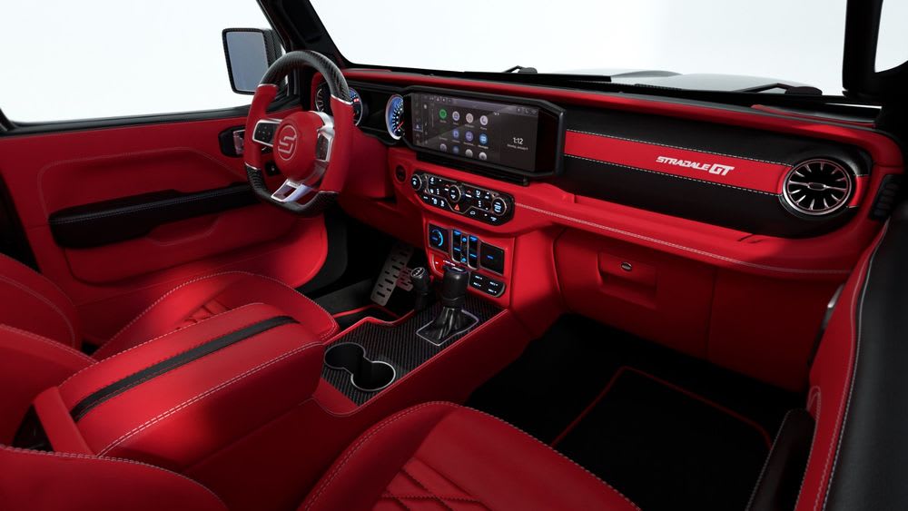 Stradale Modena Hellcat Jeep Specs: 788 HP V8 in a Wrangler Convertible 7 The luxurious red leather and Alcantara interior of the Stradale Modena Jeep Wrangler