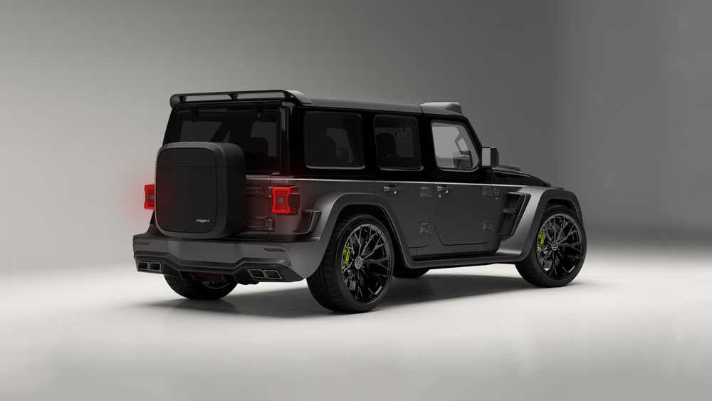 Stradale Modena Hellcat Jeep Specs: 788 HP V8 in a Wrangler Convertible 3 Rear three-quarter studio shot of a black Jeep Wrangler with the Stradale Modena GTX treatment