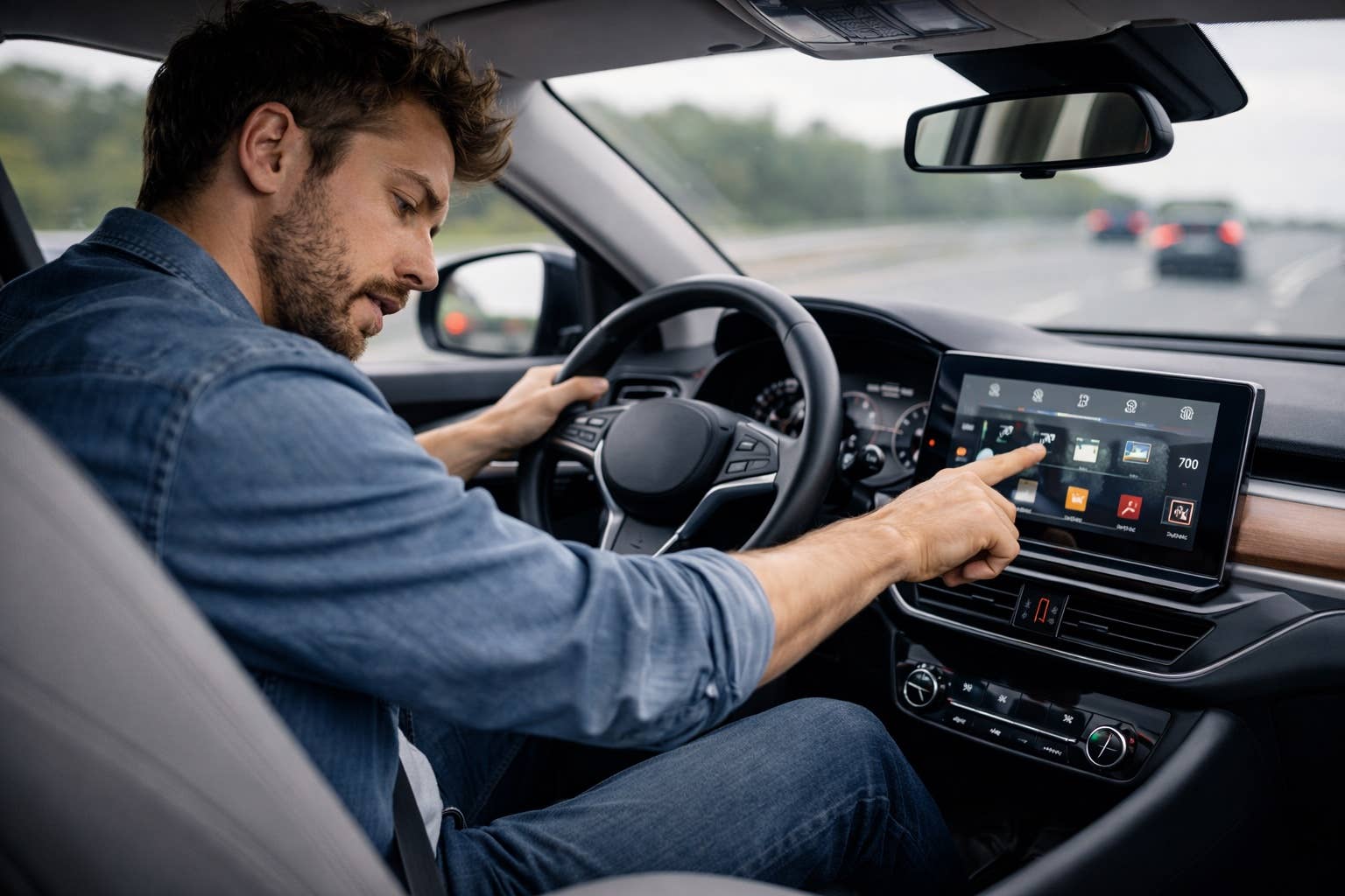 AI generated image of a driver distracted by a touchscreen